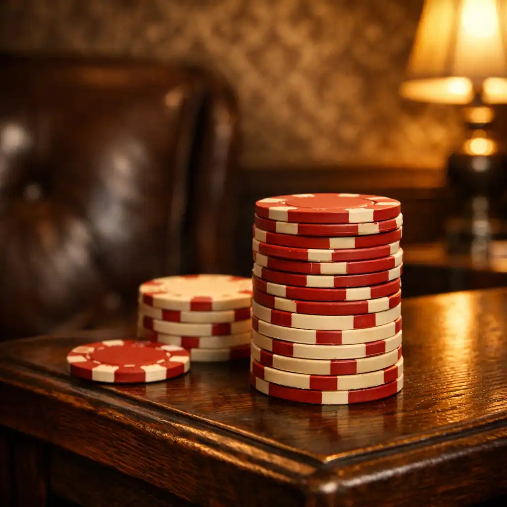 Stos żetonów pokerowych w kolorach czerwieni i kremu na ciemnym dębowym stoliku, w tle skórzany fotel i tapeta