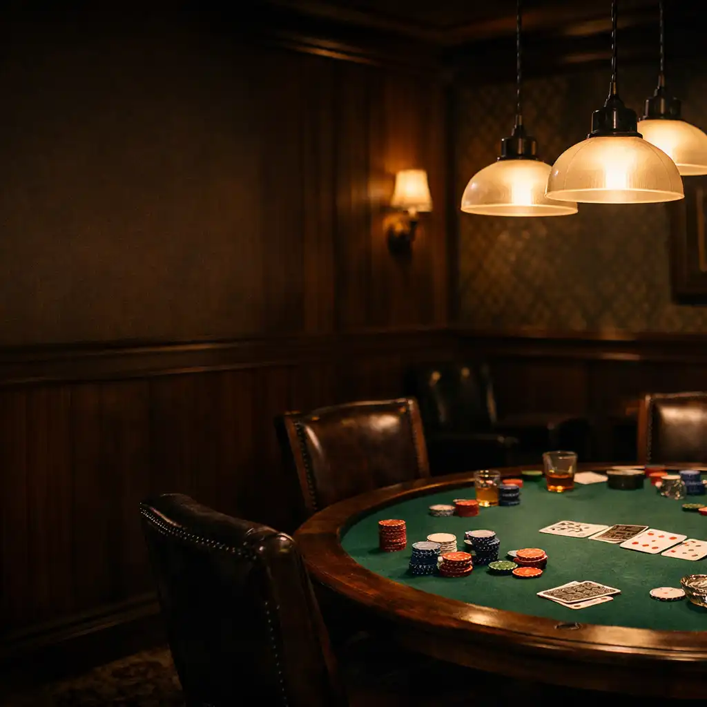 Prywatny card room w Savory Terrace z zielonym stołem pokerowym, ciemnym drewnem i ciepłym światłem lamp