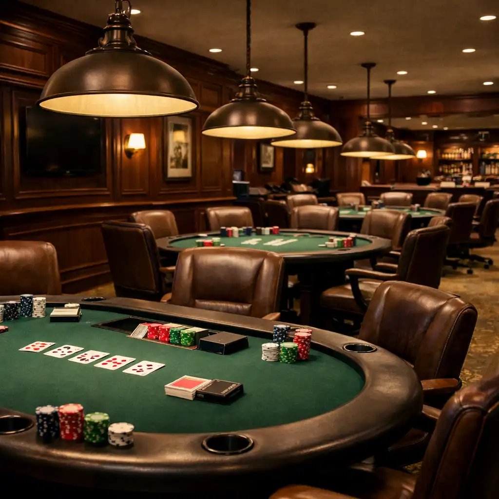 Profesjonalny card room z wieloma stołami pokerowymi, lampami i ciemnymi panelami dębowymi
