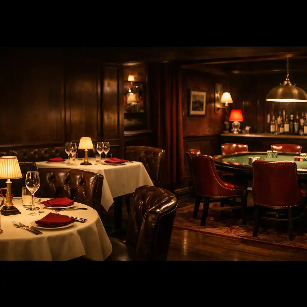 Wnętrze restauracji Savory Terrace z widocznym stołem pokerowym w tle, ciepłe oświetlenie, ciemne drewno i skórzane fotele