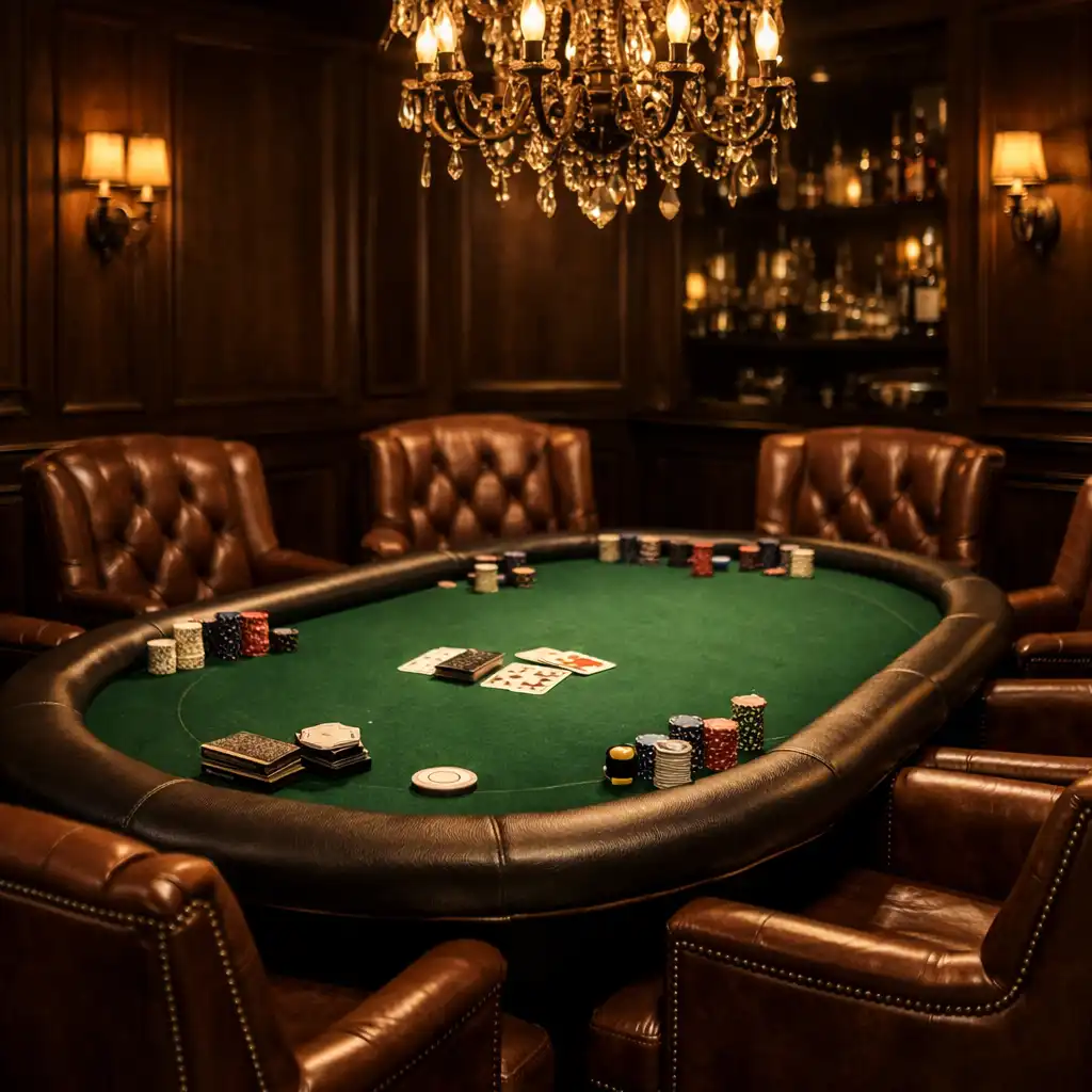 Wnętrze prywatnego salonu pokerowego z zielonym stołem, skórzanymi krzesłami i ciemnymi drewnianymi ścianami