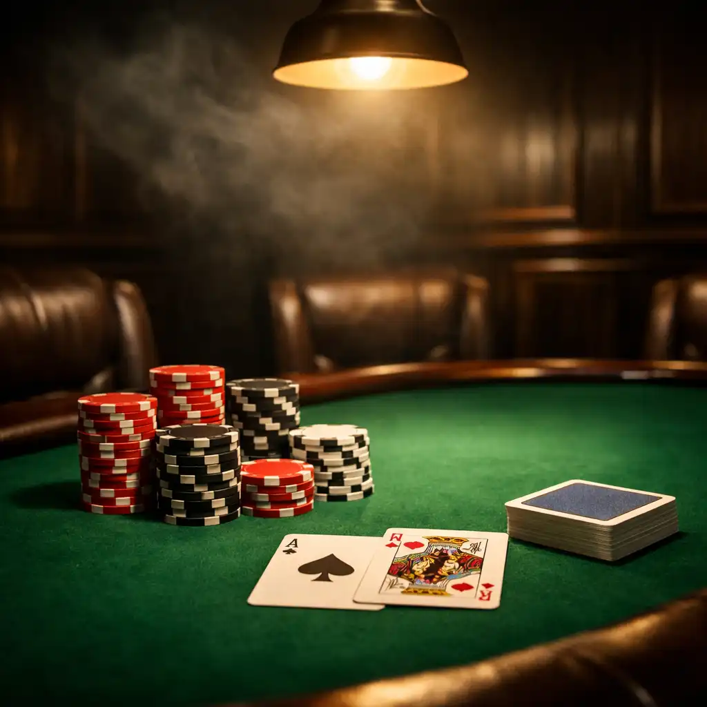 Stół pokerowy w Savory Terrace z zielonym suknem, żetonami i kartami, oświetlony ciepłą lampą