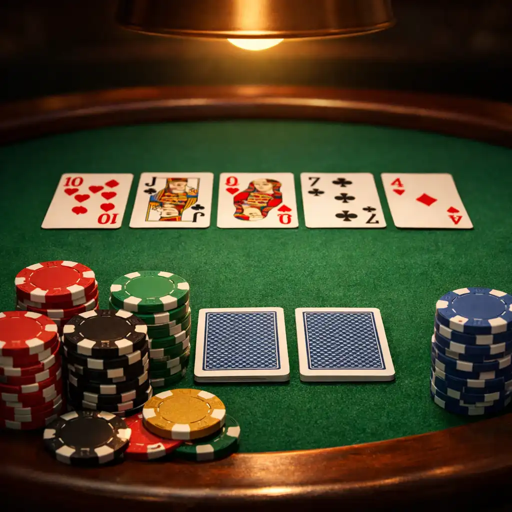 Rozdanie Texas Hold’em na zielonym filcu z kartami i kolorowymi żetonami